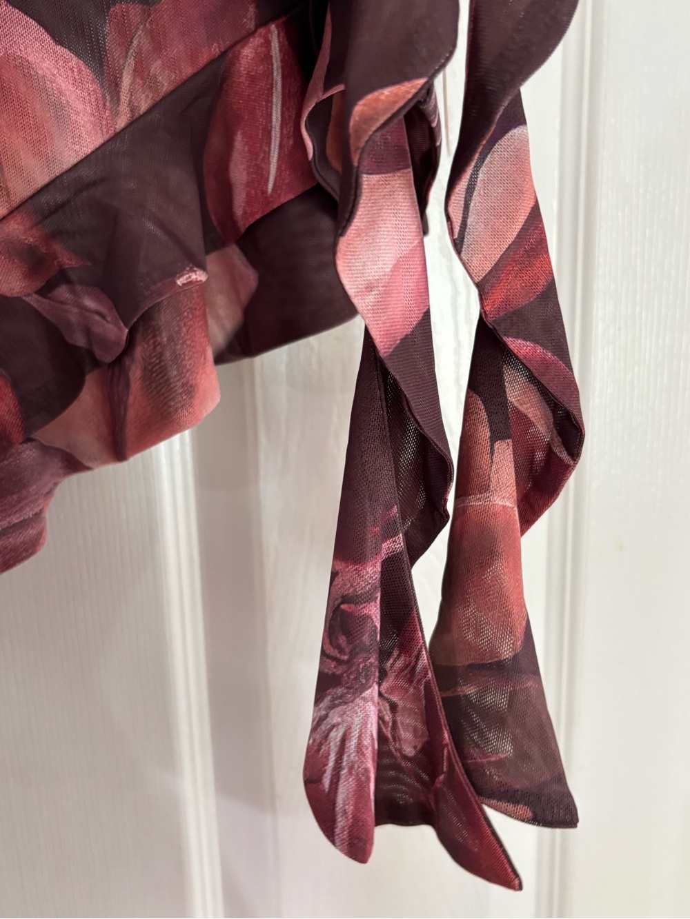 Milk + Honey Burgundy Floral Mesh Asymmetrical Ruffle Top - Medium - Picture 6 of 7